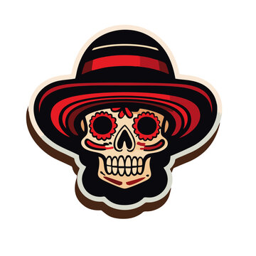 Mexican sugar skull with hat, Dia de Muertos vector Illustration