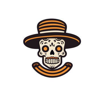 Mexican sugar skull with hat, Dia de Muertos vector Illustration