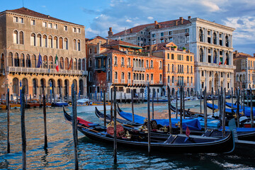 Grand Canal with boats and gondolas on sunset, Venice, Italy - obrazy, fototapety, plakaty