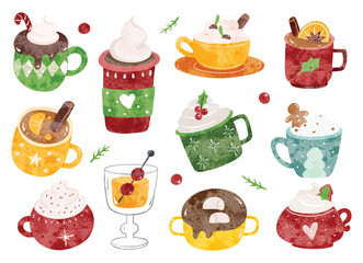 Set of Christmas Beverages Water Color Style Illustration