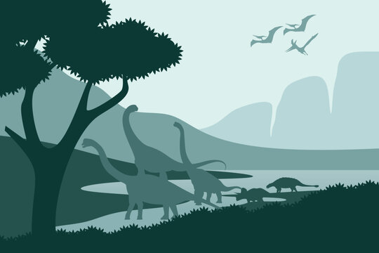Dinosaur Silhouette on Blue Lush Forest Layered Background
