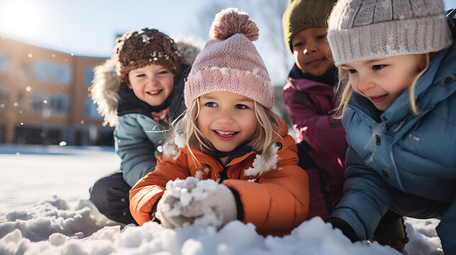 family having fun in the snow, Child enjoying winter activities with their family