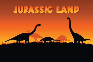 Jurassic Land Sauropod Dinosaur Silhouette on Orange Background