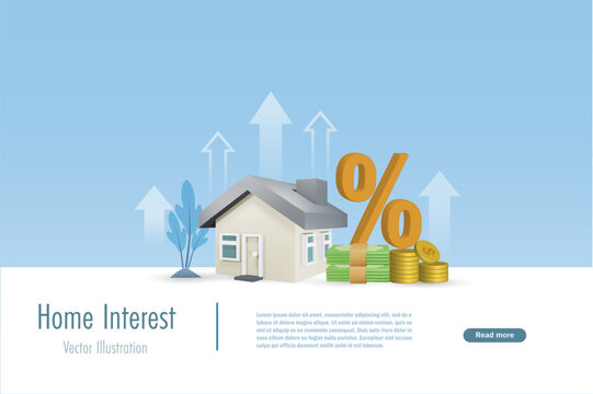 Home loan, mortgage loan interest rate with growth graph and percentage sign. Increasing of interest rates or home price. Real estate and property investment. Vector.