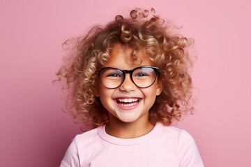 portrait of a smiling little curly blond girl with big eyeglasses. Isolated on solid pink color...
