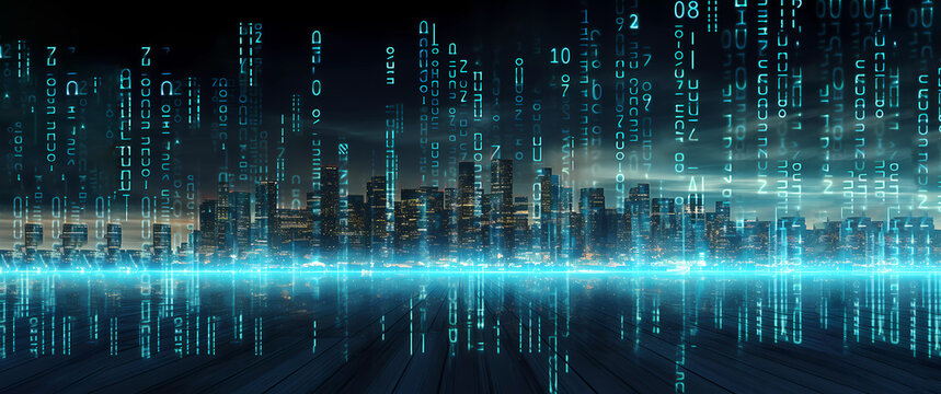City against the background of digital code. Digitalization. Bokeh. Banner. Generated AI. Edited in Photoshop