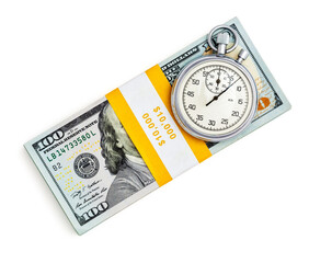 Time is money loan concept background - stopwatch and stack of new 100 US dollars 2013 edition...