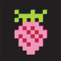 Red pixel strawberry. Sweet berry with yellow seeds and green tail. Natural summer dessert and 8bit vector game element