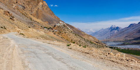 Panorama of road to Ki Monastery. Spiti Valley, Himachal Pradesh, India - 679925027