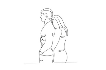 A woman hugs her lover from behind. National hugging day one-line drawing