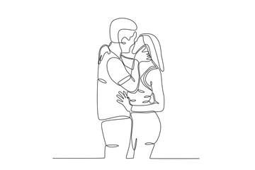 Lovers hug and kiss romantically. National hugging day one-line drawing