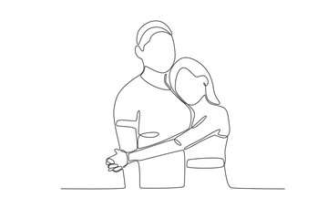 A woman hugs her husband from the side. National hugging day one-line drawing