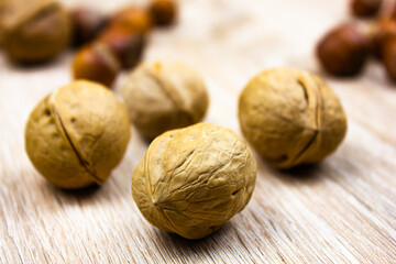 Nuts on the table. Walnut. Natural nuts.