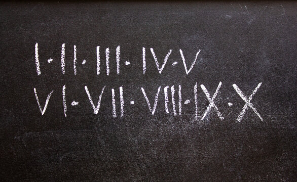 Roman numerals inscription in chalk on a blackboard. Roman numerals from 1 to 10, I to X, learning, knowledge.