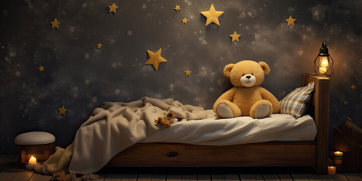Children's cute interior bedroom empty bed with teddybear toy cuddle bear stars on wall, generated ai