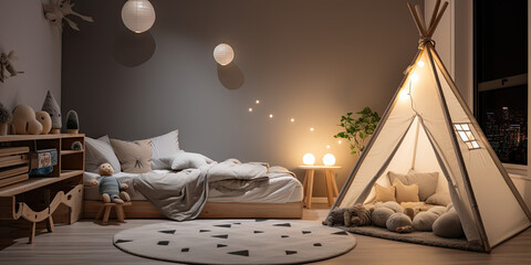 Tent indoor bedroom camping fun tipi sleep over childrens bedroom interior warm lighting, generated ai - obrazy, fototapety, plakaty