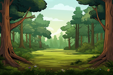 Cartoon style woodland forest trees pathway green woods illustration woods, generated ai