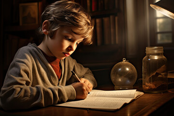 Fototapeta na wymiar Young boy reading a book doing homework learning education reading children studying, generated ai
