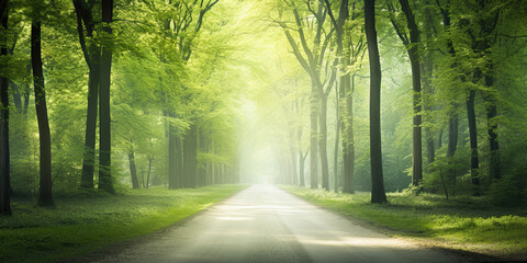 Obraz premium Beautiful forest woodland path pathways winding illustration sunlight woods fantasy trees, generated ai