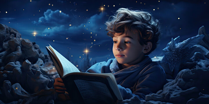 Bedtime story young boy in bed reading book learning education goodnight stories study studying children, generated ai