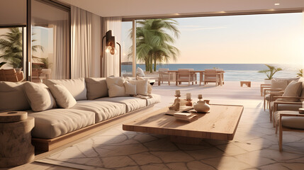 coastal life interior design, photorealistic, livingroom design golden hour