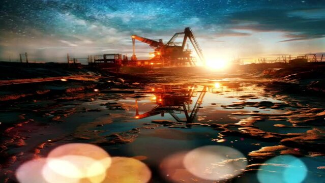 View of the oil mining industrial area which has a beautiful sky in the afternoon, movement effect concept. Great for backgrounds, business, industry, corporate, advertising, blogs etc