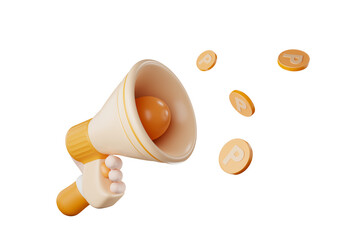 3D illustration Orange megaphone Scattered collection coins The concept of shopping collects points.