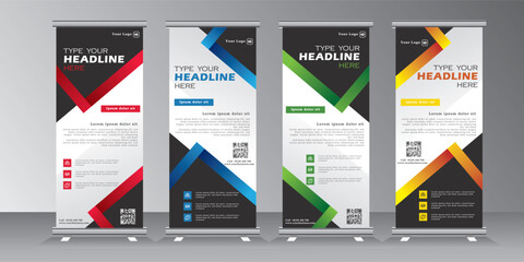 Business roll up banner stand design template with multi colors, vertical banner for  exhibition, fair, show, exposition, expo, presentation, festival, parade, events. roll up banner, pull up,  - obrazy, fototapety, plakaty