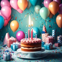 Beautiful happy birthday Background With Balloons, cake with candel and happy birthday texted on it Generative Ai techno - obrazy, fototapety, plakaty