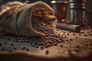 Coffee beans on a burlap on rustic table with cinematic backery bokeh background and soft lighting