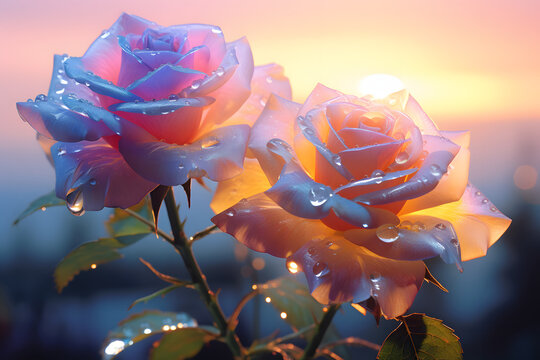 Dawn, dewdrop, after rain, two colorful roses with clear color from a wide angle, self luminous petals, spectral lighting principle, sunrise