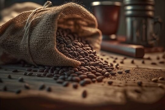 Coffee beans on a burlap on rustic table with cinematic backery bokeh background and soft lighting