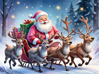 santa claus riding in a sleigh with a reindeer on christmas day