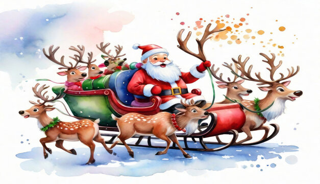 santa claus riding in a sleigh with a reindeer on christmas day