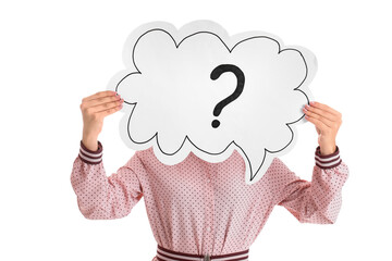 Young woman holding speech bubble with question mark on white background