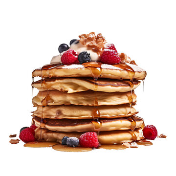 Stack of pancakes with blueberries and strawberry on a plate isolated on white background (png)
