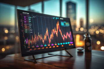 Close-up of computer showing stock market index trends on work desk - obrazy, fototapety, plakaty