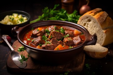 A hearty bowl of traditional Irish stew, brimming with tender chunks of lamb, carrots, potatoes, and onions, simmered to perfection and served with a side of fresh, crusty bread - obrazy, fototapety, plakaty