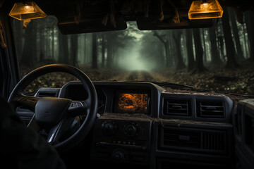 interior of a car, in the mountains and forests