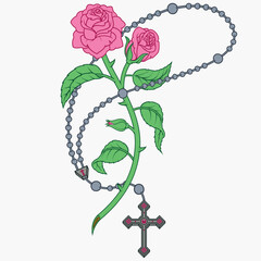 Catholic rosary with roses and petals