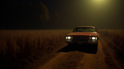 Fototapeta na wymiar Retro old car on field road at night