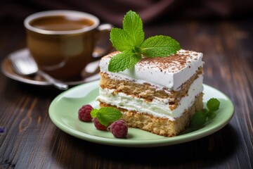 A beautifully presented slice of Esterhazy torte on a white plate, garnished with a sprig of mint and a dusting of powdered sugar, served with a cup of coffee on a rustic wooden table