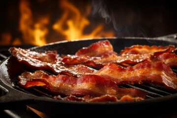 A mouth-watering close-up shot of crispy, sizzling bacon strips fresh off the pan, glistening with fat and perfectly cooked to a golden brown