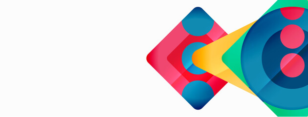 Trendy minimal geometric abstract background. Triangles, squares and circles bright colors backdrop. Vector Illustration For Wallpaper, Banner, Background, Card, Book Illustration, landing page