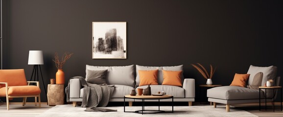 Asthetic composition of living room interior with mock up poster frame, modular sofa, black coffee table, white armchair, carpet, pouf, dark wall and personal accessories. Home decor. Template.