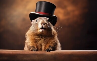 Cute fluffy friendly smiling groundhog wearing a black top hat, holding onto the wooden surface, isolated on brown background. Happy groundhog day banner or poster. Copy space. AI Generative