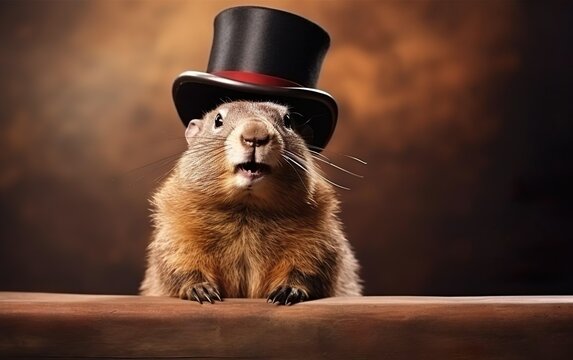 Cute fluffy friendly smiling groundhog wearing a black top hat, holding onto the wooden surface, isolated on brown background. Happy groundhog day banner or poster. Copy space. AI Generative