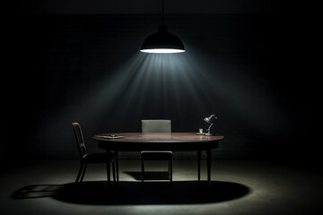 Table and chair in dark place with a spotlight from above