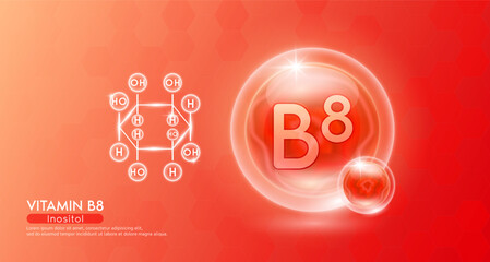 Vitamin B8 essential supplement to the health body. Red vitamins complex and chemical formula structure. Minerals collagen serum. Beauty nutrition skin care design or cosmetic. 3D vector.