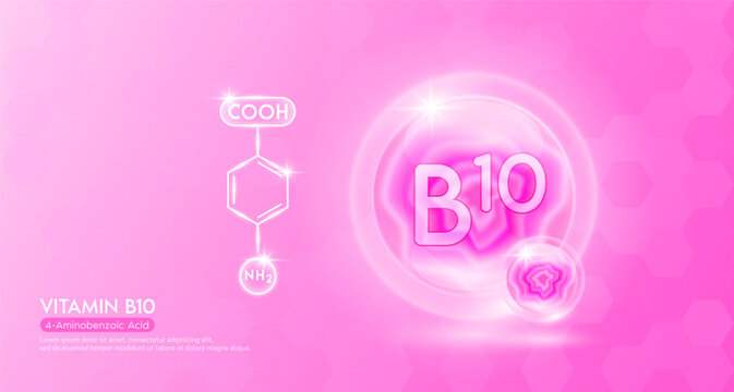 Vitamin B10 essential supplement to the health body. Pink vitamins complex and chemical formula structure. Minerals collagen serum. Beauty nutrition skin care design or cosmetic. 3D vector.